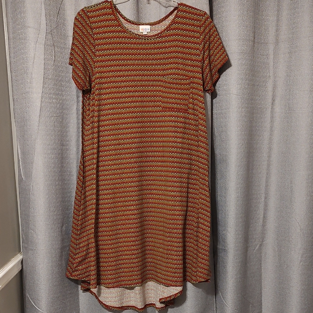 LuLaRoe High Low Dress Sage Green, Orange, Red & Black Geometric Pattern Sz XL